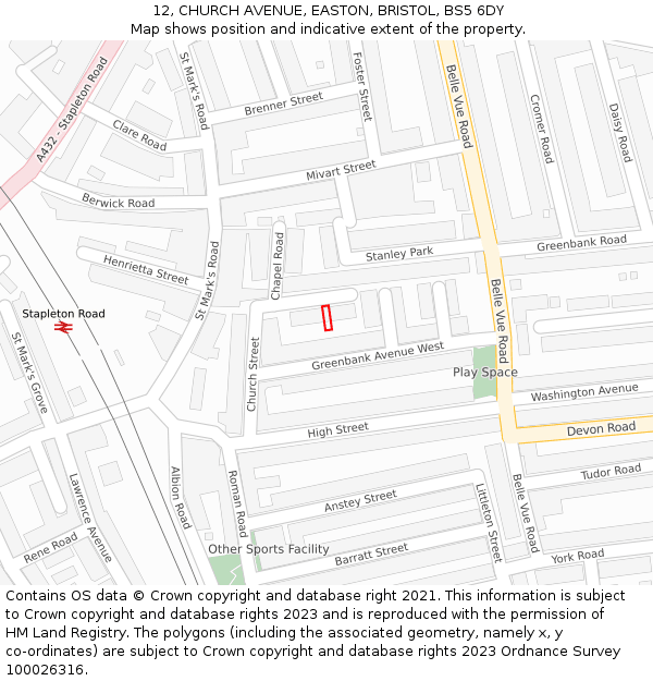 12, CHURCH AVENUE, EASTON, BRISTOL, BS5 6DY: Location map and indicative extent of plot