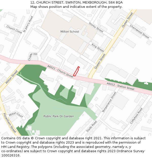 12, CHURCH STREET, SWINTON, MEXBOROUGH, S64 8QA: Location map and indicative extent of plot