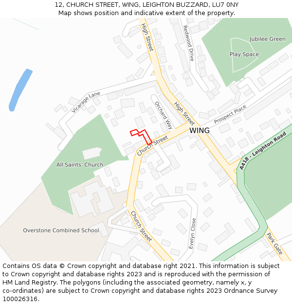 12, CHURCH STREET, WING, LEIGHTON BUZZARD, LU7 0NY: Location map and indicative extent of plot