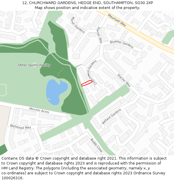 12, CHURCHWARD GARDENS, HEDGE END, SOUTHAMPTON, SO30 2XP: Location map and indicative extent of plot