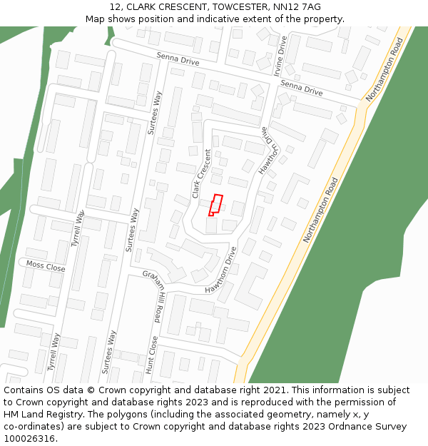 12, CLARK CRESCENT, TOWCESTER, NN12 7AG: Location map and indicative extent of plot