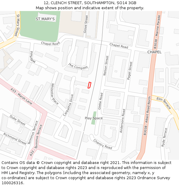 12, CLENCH STREET, SOUTHAMPTON, SO14 3GB: Location map and indicative extent of plot