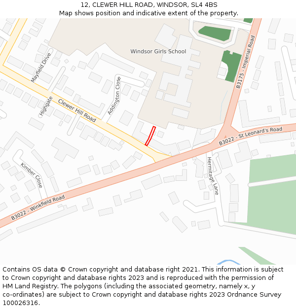 12, CLEWER HILL ROAD, WINDSOR, SL4 4BS: Location map and indicative extent of plot