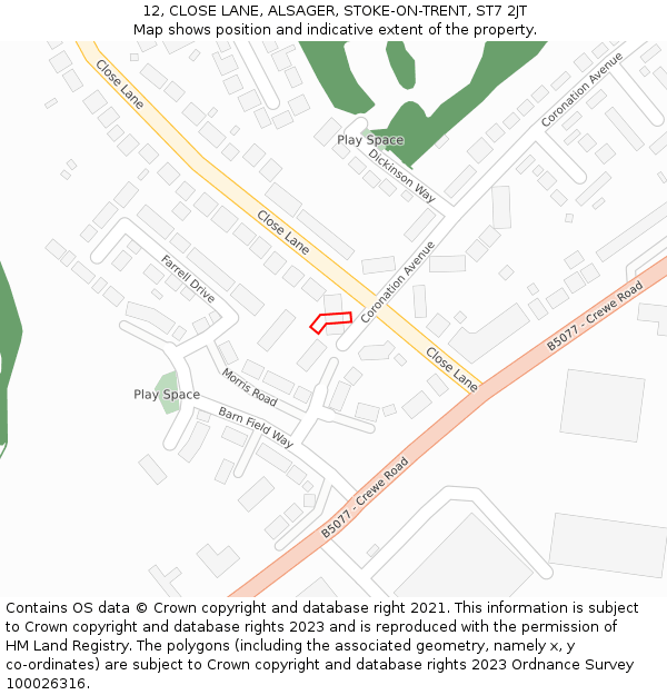 12, CLOSE LANE, ALSAGER, STOKE-ON-TRENT, ST7 2JT: Location map and indicative extent of plot