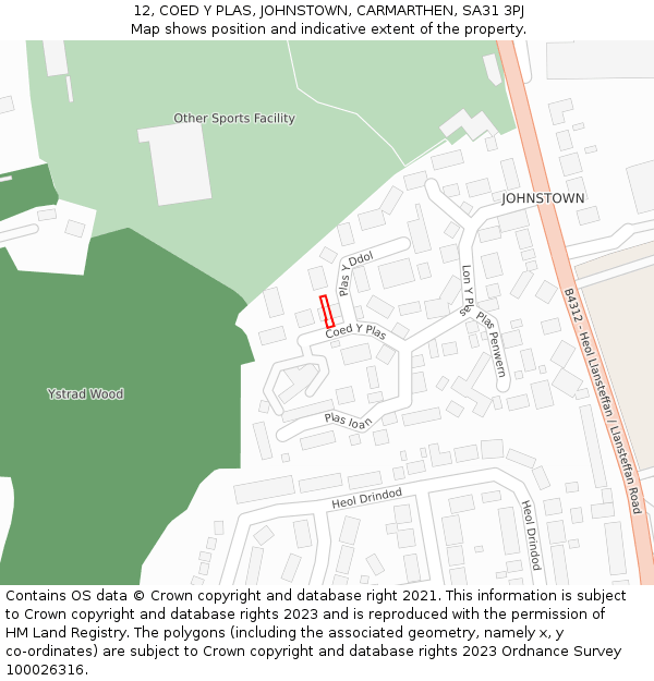 12, COED Y PLAS, JOHNSTOWN, CARMARTHEN, SA31 3PJ: Location map and indicative extent of plot