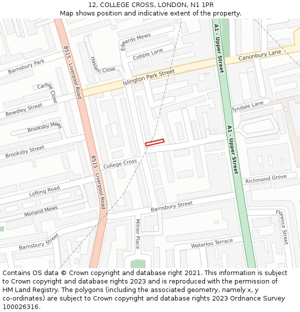 12, COLLEGE CROSS, LONDON, N1 1PR: Location map and indicative extent of plot