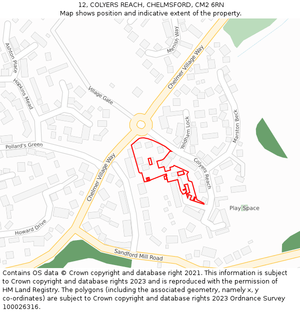 12, COLYERS REACH, CHELMSFORD, CM2 6RN: Location map and indicative extent of plot