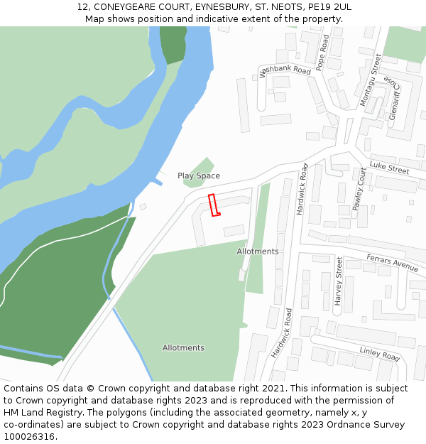 12, CONEYGEARE COURT, EYNESBURY, ST. NEOTS, PE19 2UL: Location map and indicative extent of plot