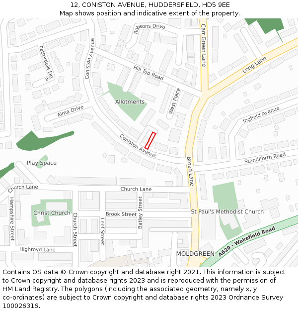 12, CONISTON AVENUE, HUDDERSFIELD, HD5 9EE: Location map and indicative extent of plot