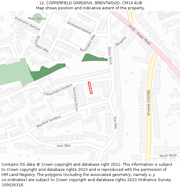 12, COPPERFIELD GARDENS, BRENTWOOD, CM14 4UB: Location map and indicative extent of plot