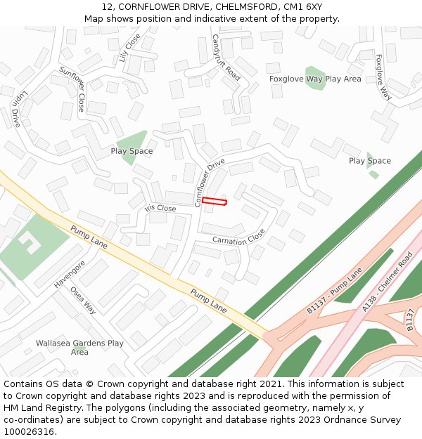 12, CORNFLOWER DRIVE, CHELMSFORD, CM1 6XY: Location map and indicative extent of plot