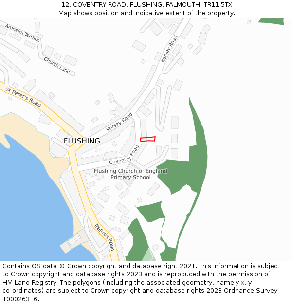 12, COVENTRY ROAD, FLUSHING, FALMOUTH, TR11 5TX: Location map and indicative extent of plot