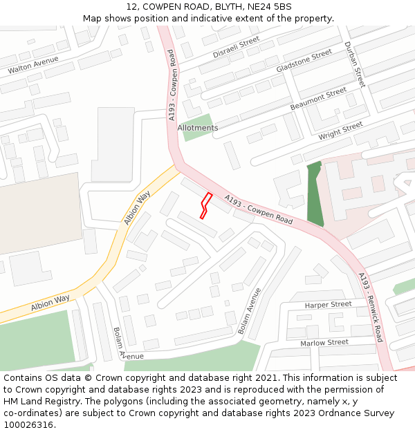 12, COWPEN ROAD, BLYTH, NE24 5BS: Location map and indicative extent of plot