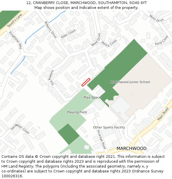 12, CRANBERRY CLOSE, MARCHWOOD, SOUTHAMPTON, SO40 4YT: Location map and indicative extent of plot