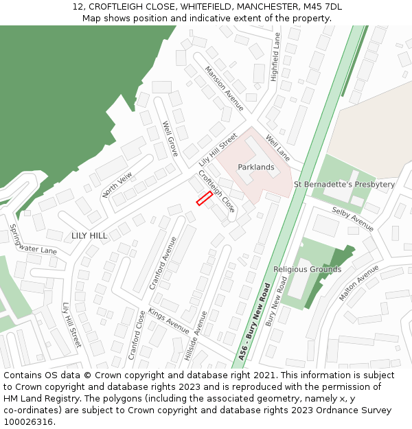 12, CROFTLEIGH CLOSE, WHITEFIELD, MANCHESTER, M45 7DL: Location map and indicative extent of plot