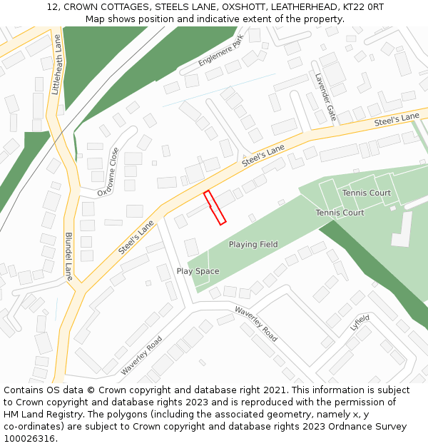 12, CROWN COTTAGES, STEELS LANE, OXSHOTT, LEATHERHEAD, KT22 0RT: Location map and indicative extent of plot