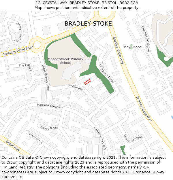 12, CRYSTAL WAY, BRADLEY STOKE, BRISTOL, BS32 8GA: Location map and indicative extent of plot
