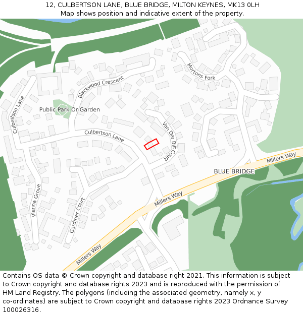 12, CULBERTSON LANE, BLUE BRIDGE, MILTON KEYNES, MK13 0LH: Location map and indicative extent of plot