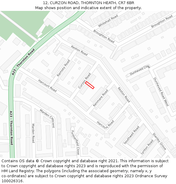 12, CURZON ROAD, THORNTON HEATH, CR7 6BR: Location map and indicative extent of plot