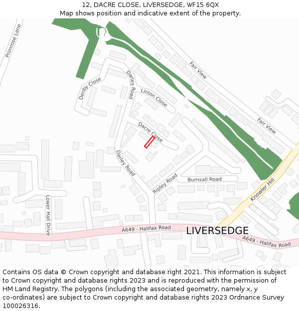 12, DACRE CLOSE, LIVERSEDGE, WF15 6QX: Location map and indicative extent of plot