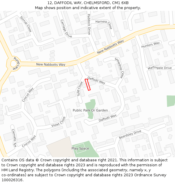 12, DAFFODIL WAY, CHELMSFORD, CM1 6XB: Location map and indicative extent of plot