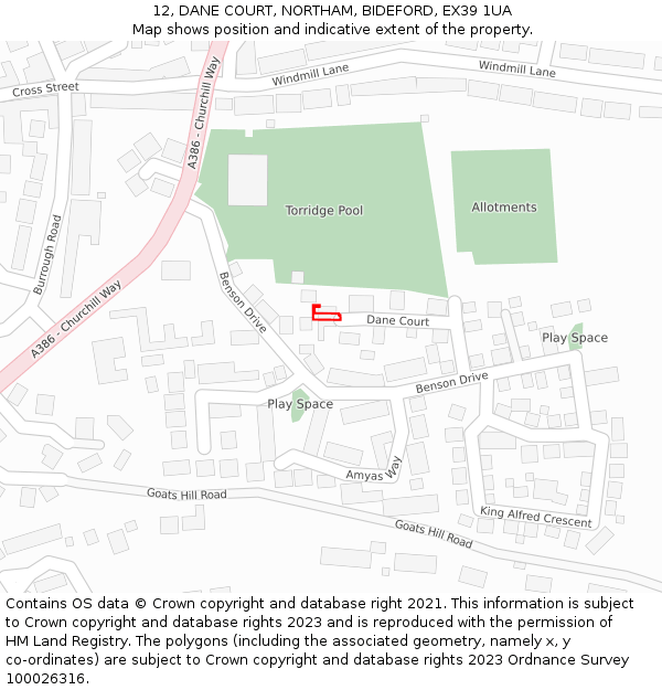 12, DANE COURT, NORTHAM, BIDEFORD, EX39 1UA: Location map and indicative extent of plot