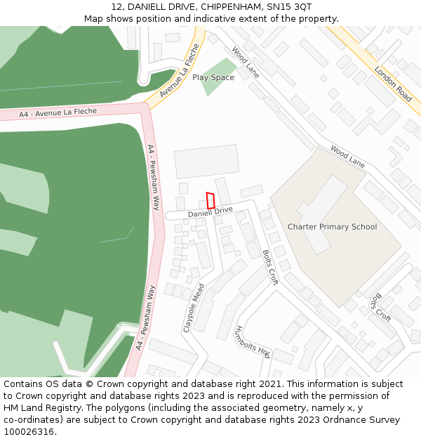 12, DANIELL DRIVE, CHIPPENHAM, SN15 3QT: Location map and indicative extent of plot