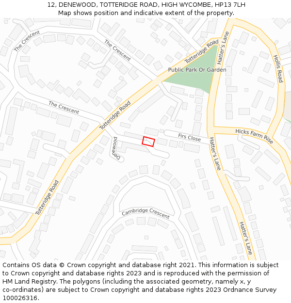 12, DENEWOOD, TOTTERIDGE ROAD, HIGH WYCOMBE, HP13 7LH: Location map and indicative extent of plot