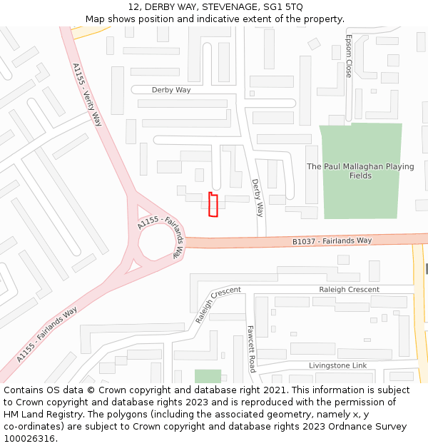 12, DERBY WAY, STEVENAGE, SG1 5TQ: Location map and indicative extent of plot