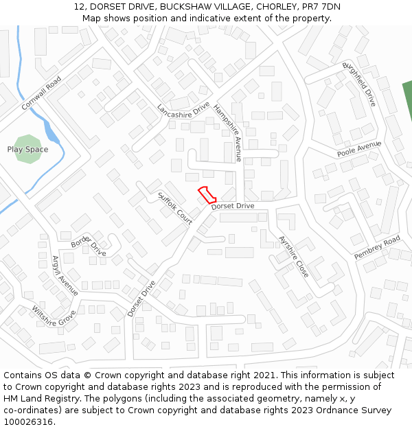 12, DORSET DRIVE, BUCKSHAW VILLAGE, CHORLEY, PR7 7DN: Location map and indicative extent of plot
