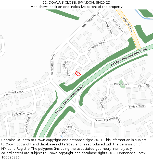 12, DOWLAIS CLOSE, SWINDON, SN25 2DJ: Location map and indicative extent of plot
