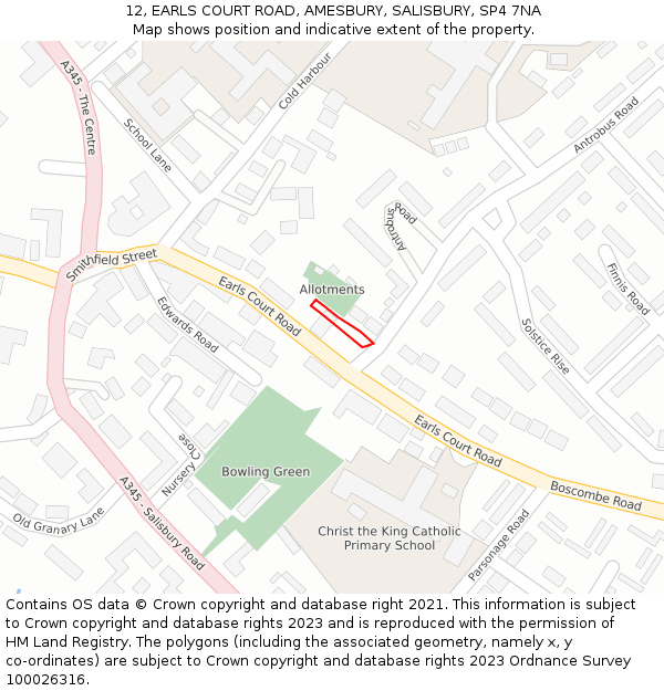 12, EARLS COURT ROAD, AMESBURY, SALISBURY, SP4 7NA: Location map and indicative extent of plot