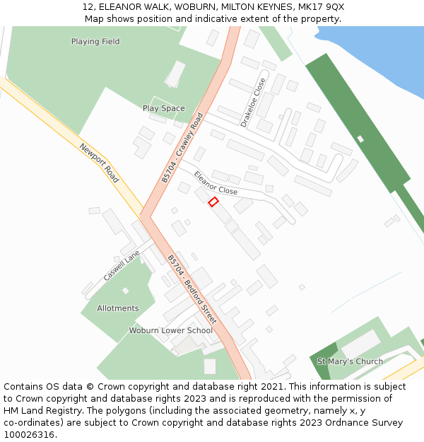 12, ELEANOR WALK, WOBURN, MILTON KEYNES, MK17 9QX: Location map and indicative extent of plot