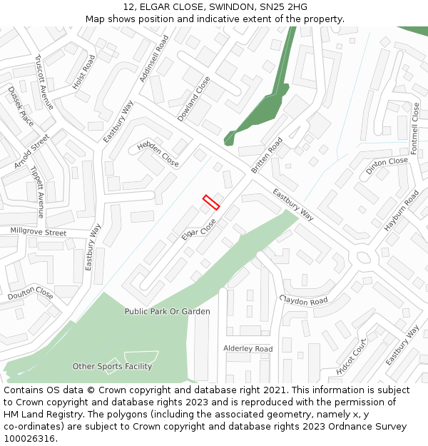 12, ELGAR CLOSE, SWINDON, SN25 2HG: Location map and indicative extent of plot