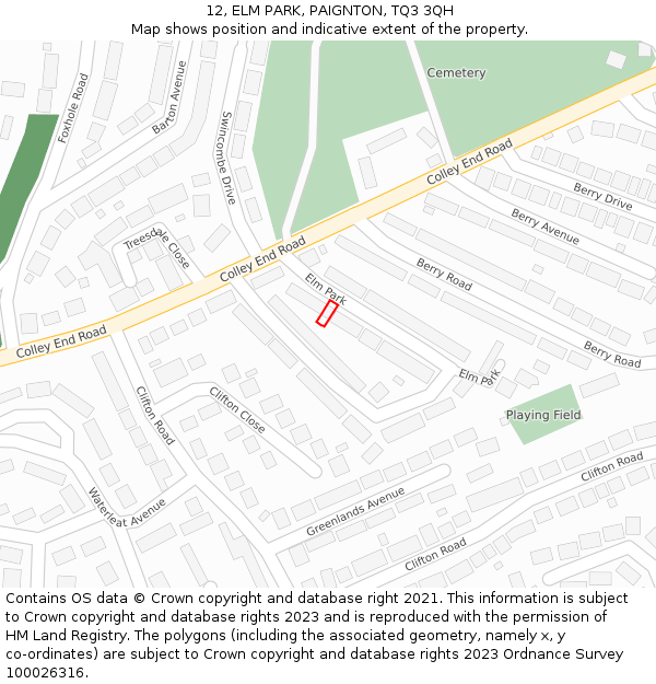 12, ELM PARK, PAIGNTON, TQ3 3QH: Location map and indicative extent of plot
