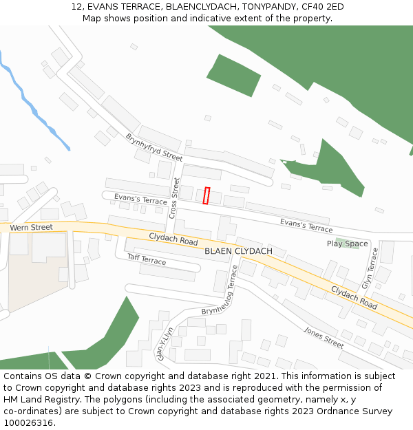 12, EVANS TERRACE, BLAENCLYDACH, TONYPANDY, CF40 2ED: Location map and indicative extent of plot