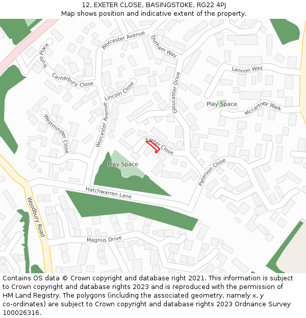 12, EXETER CLOSE, BASINGSTOKE, RG22 4PJ: Location map and indicative extent of plot