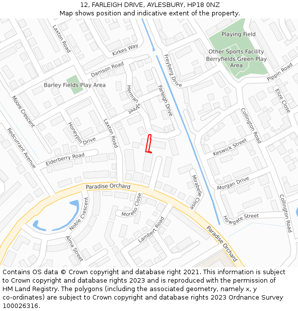 12, FARLEIGH DRIVE, AYLESBURY, HP18 0NZ: Location map and indicative extent of plot