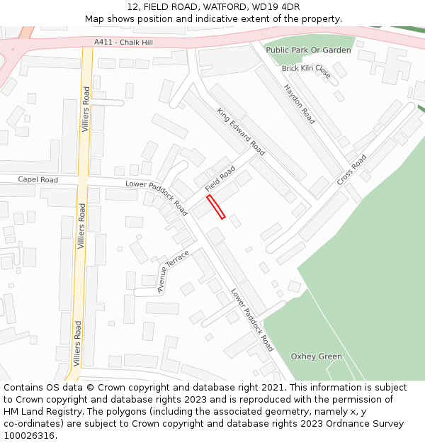 12, FIELD ROAD, WATFORD, WD19 4DR: Location map and indicative extent of plot