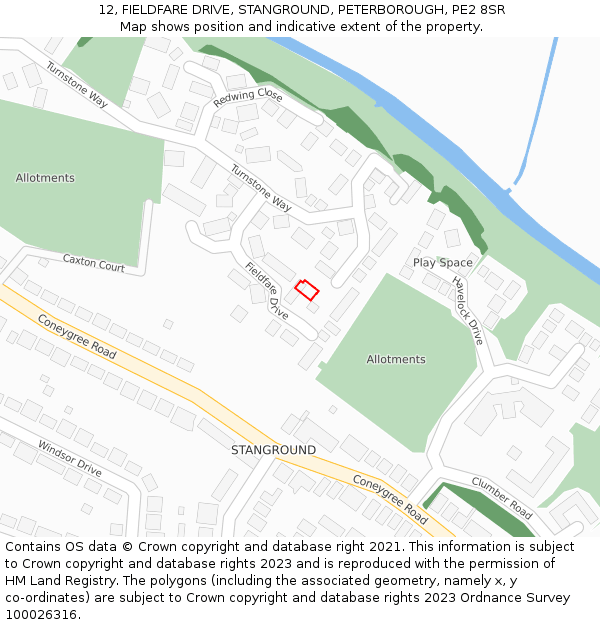 12, FIELDFARE DRIVE, STANGROUND, PETERBOROUGH, PE2 8SR: Location map and indicative extent of plot