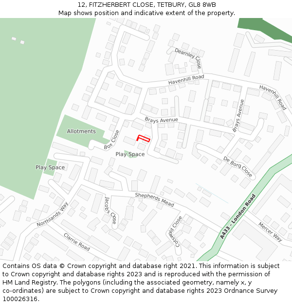 12, FITZHERBERT CLOSE, TETBURY, GL8 8WB: Location map and indicative extent of plot