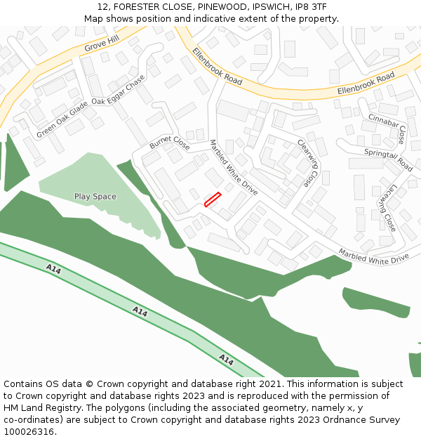 12, FORESTER CLOSE, PINEWOOD, IPSWICH, IP8 3TF: Location map and indicative extent of plot