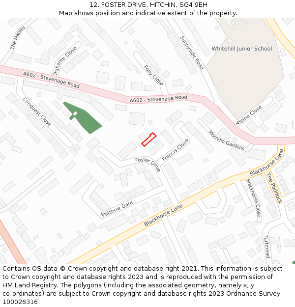 12, FOSTER DRIVE, HITCHIN, SG4 9EH: Location map and indicative extent of plot