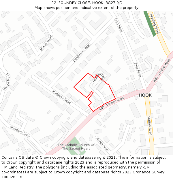 12, FOUNDRY CLOSE, HOOK, RG27 9JD: Location map and indicative extent of plot