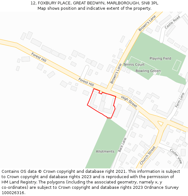12, FOXBURY PLACE, GREAT BEDWYN, MARLBOROUGH, SN8 3PL: Location map and indicative extent of plot
