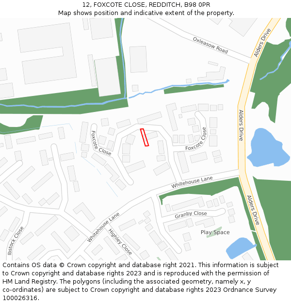 12, FOXCOTE CLOSE, REDDITCH, B98 0PR: Location map and indicative extent of plot
