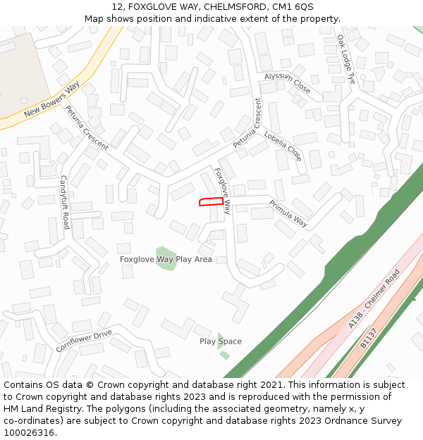 12, FOXGLOVE WAY, CHELMSFORD, CM1 6QS: Location map and indicative extent of plot