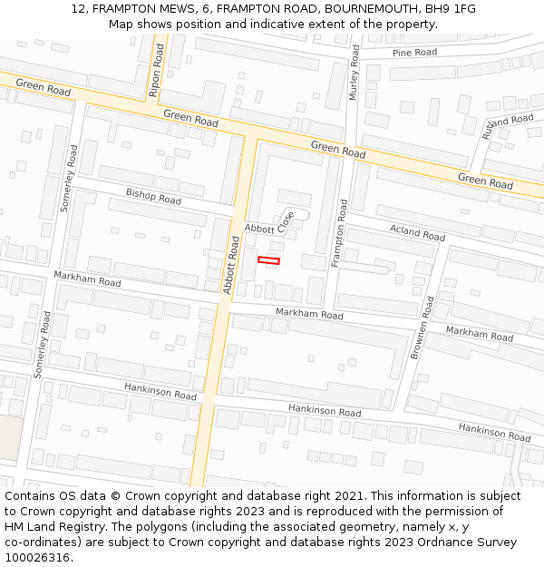 12, FRAMPTON MEWS, 6, FRAMPTON ROAD, BOURNEMOUTH, BH9 1FG: Location map and indicative extent of plot
