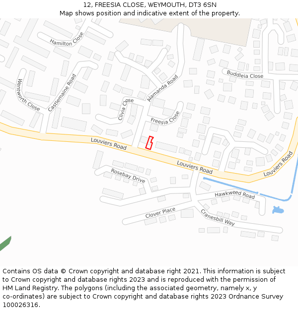 12, FREESIA CLOSE, WEYMOUTH, DT3 6SN: Location map and indicative extent of plot