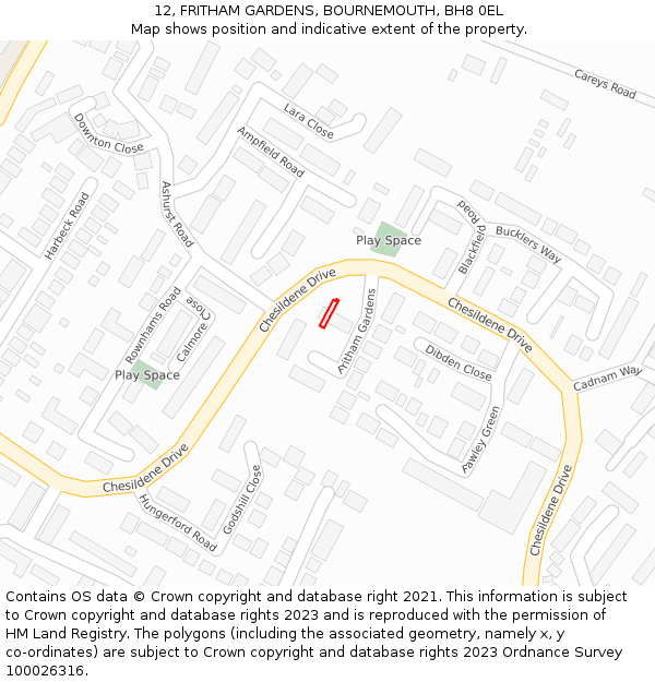 12, FRITHAM GARDENS, BOURNEMOUTH, BH8 0EL: Location map and indicative extent of plot